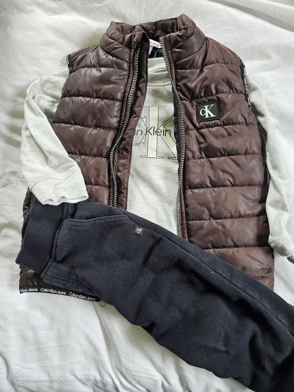 Toddler Calvin Klein Chocolate Brown Quilted Puffer Vest Set with CK Patch